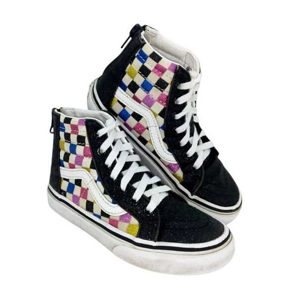 VANS Old Skool SK8 Girl's Pre-owned Hi Top Glitter Checkerboard Sneakers-sz. 12T - Picture 1 of 6